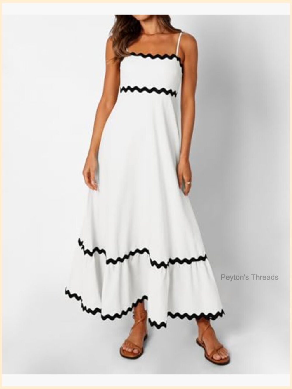 Spaghetti Strap Smocked Rickrack Trim Boho Flowy Midi Dress - Picture 2 of 7
